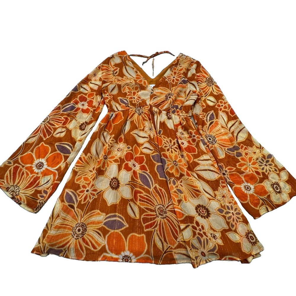 June & Jo Orange Floral Mini Dress Metallic Boho Retro Festival Atomic Size M
